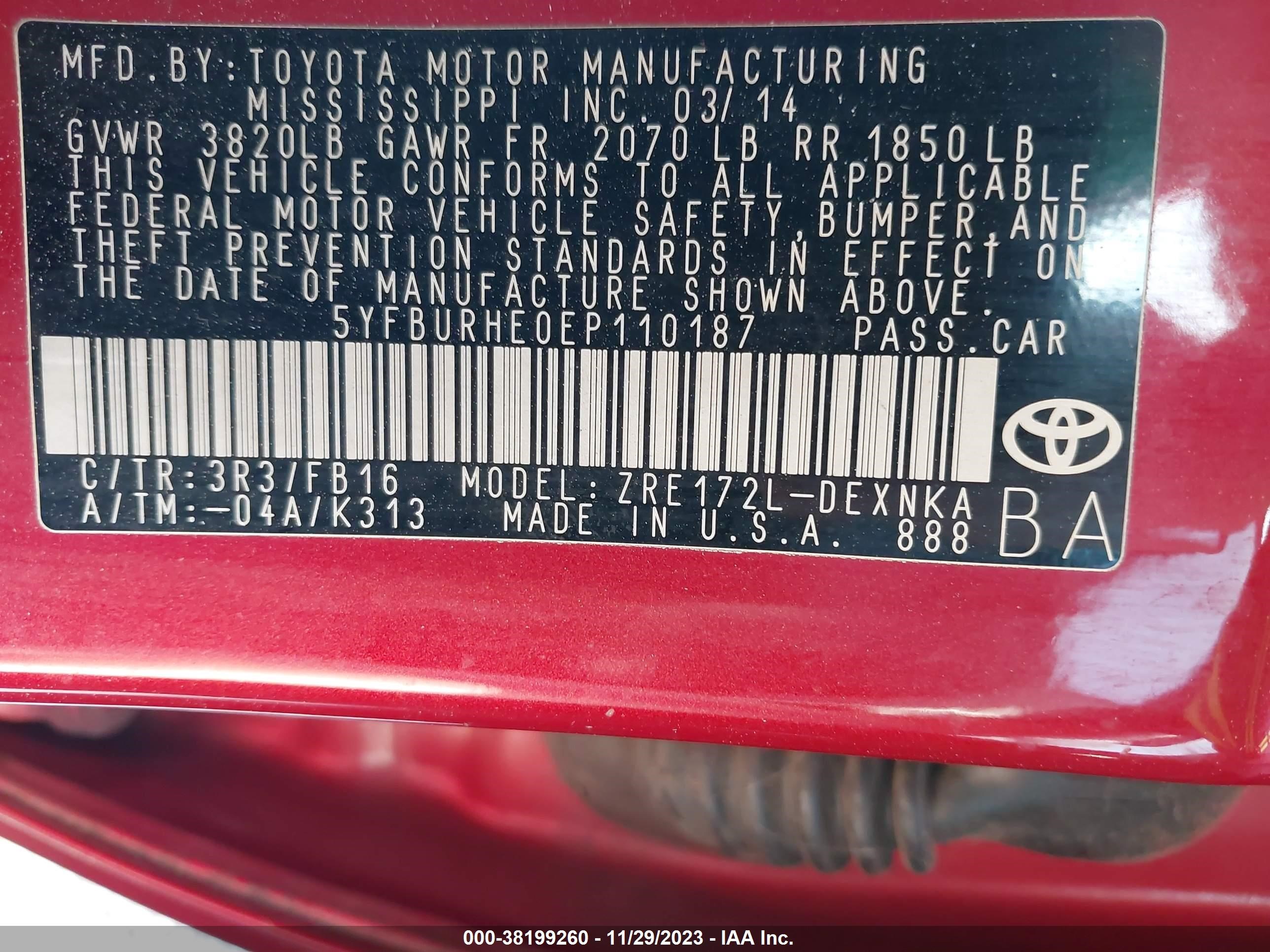 Photo 8 VIN: 5YFBURHE0EP110187 - TOYOTA COROLLA 