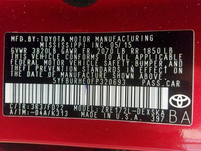 Photo 9 VIN: 5YFBURHE0FP320693 - TOYOTA COROLLA L 