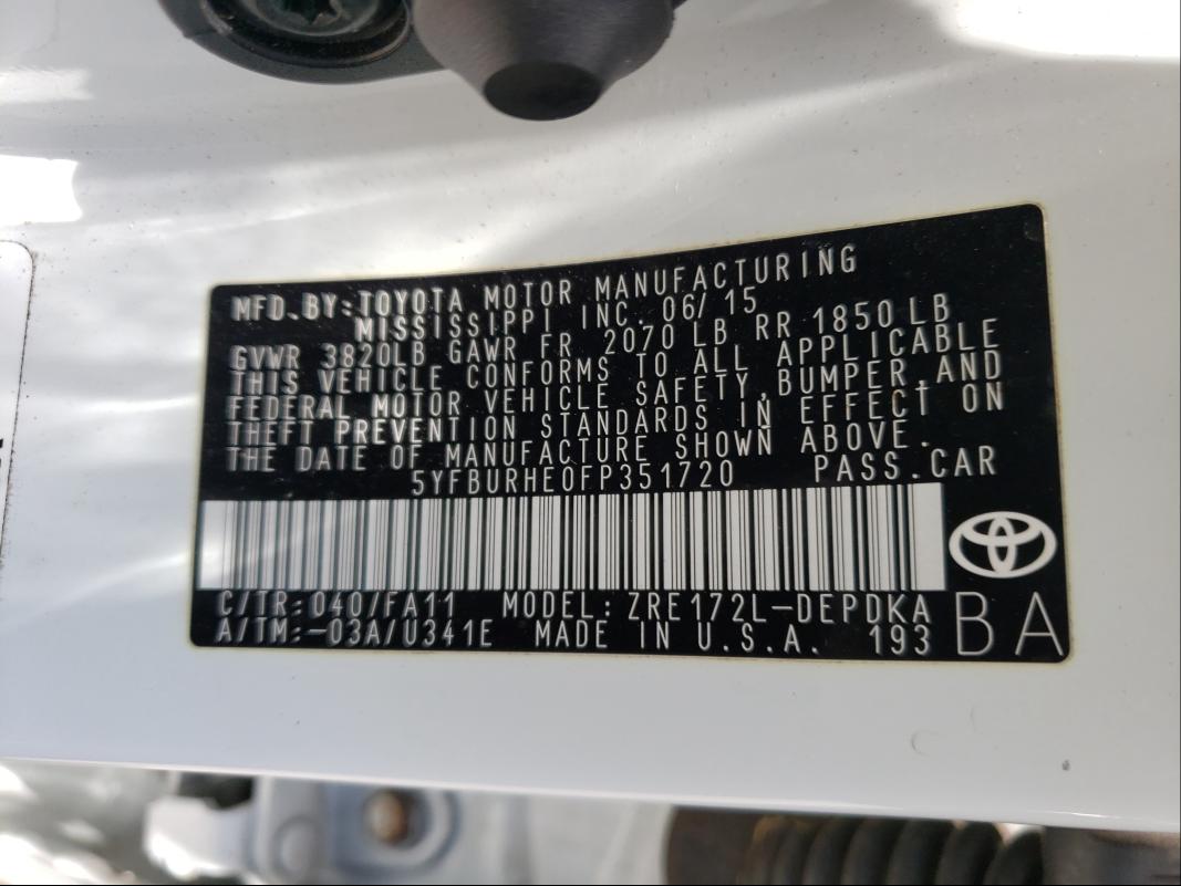 Photo 9 VIN: 5YFBURHE0FP351720 - TOYOTA COROLLA L 