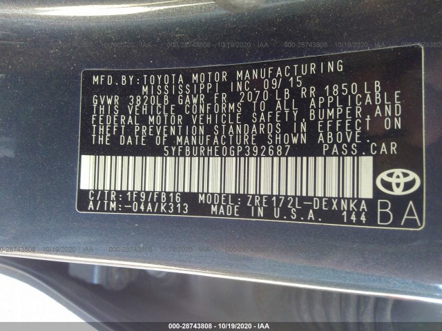 Photo 8 VIN: 5YFBURHE0GP392687 - TOYOTA COROLLA 