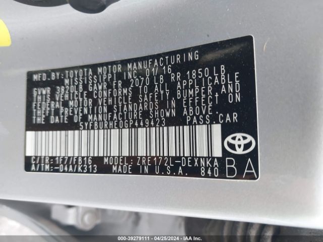 Photo 8 VIN: 5YFBURHE0GP449423 - TOYOTA COROLLA 