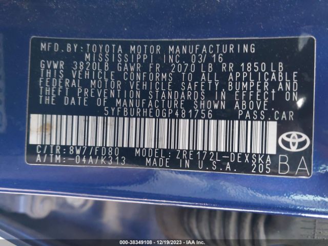 Photo 8 VIN: 5YFBURHE0GP481756 - TOYOTA COROLLA 