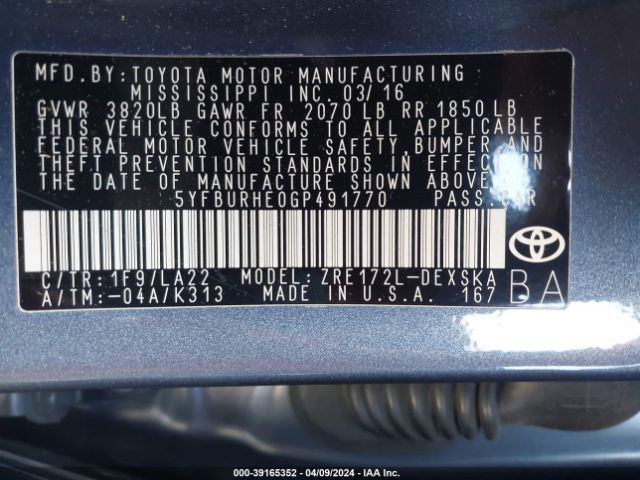 Photo 8 VIN: 5YFBURHE0GP491770 - TOYOTA COROLLA 