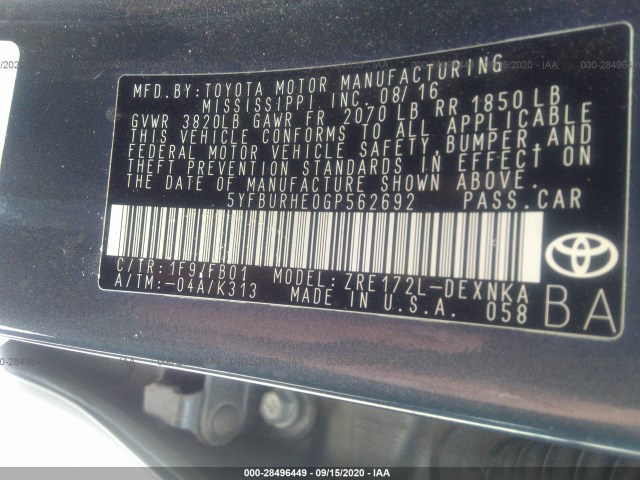 Photo 8 VIN: 5YFBURHE0GP562692 - TOYOTA COROLLA 