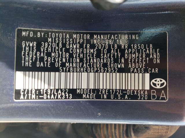 Photo 9 VIN: 5YFBURHE0GP562952 - TOYOTA COROLLA L 