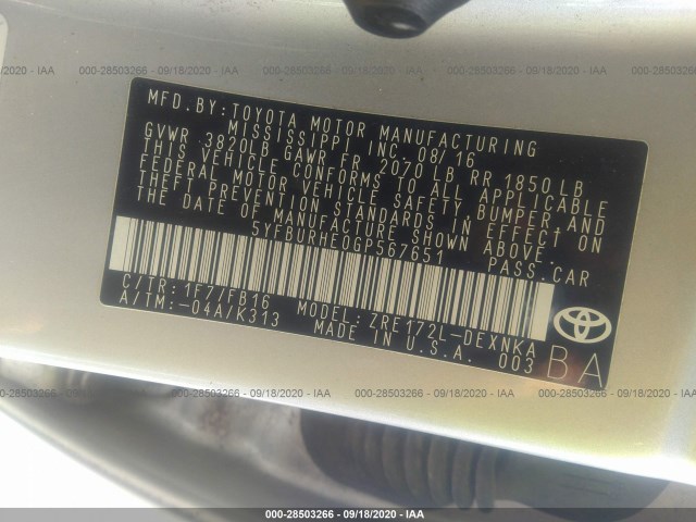 Photo 8 VIN: 5YFBURHE0GP567651 - TOYOTA COROLLA 