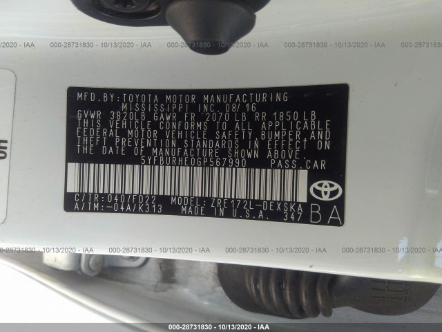 Photo 8 VIN: 5YFBURHE0GP567990 - TOYOTA COROLLA 