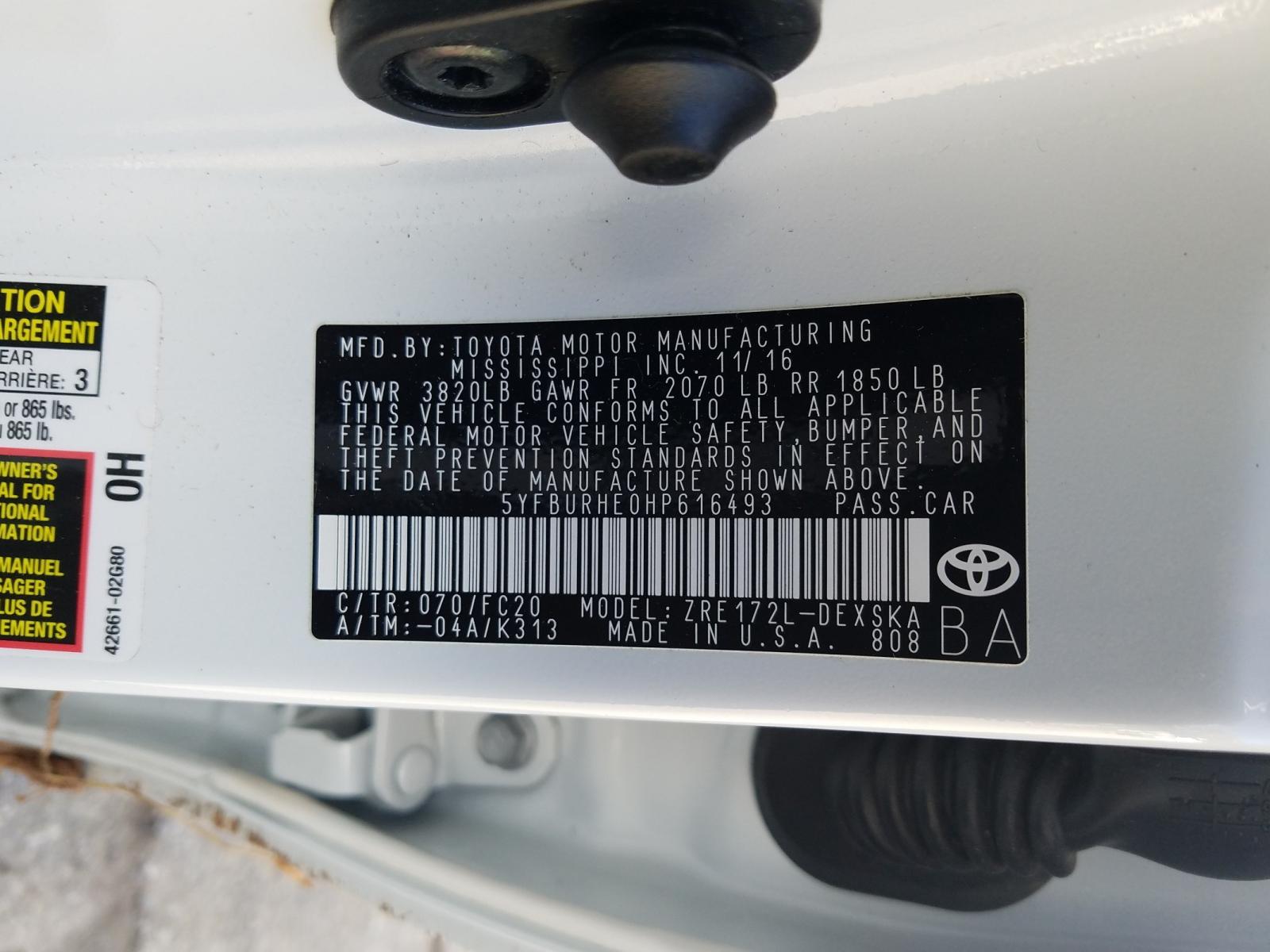 Photo 9 VIN: 5YFBURHE0HP616493 - TOYOTA COROLLA L 