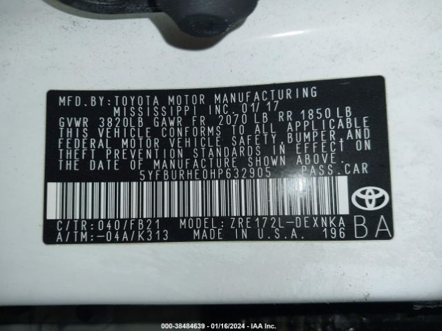 Photo 8 VIN: 5YFBURHE0HP632905 - TOYOTA COROLLA 