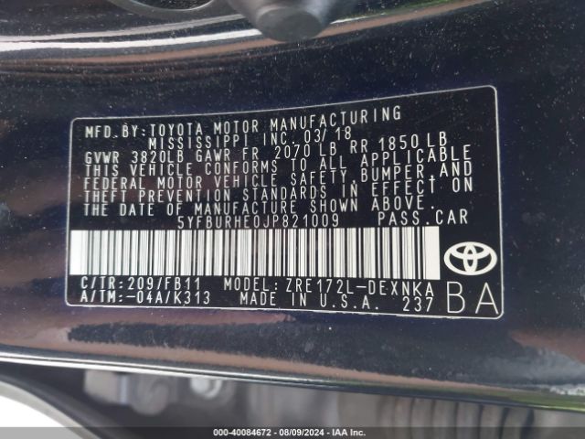 Photo 8 VIN: 5YFBURHE0JP821009 - TOYOTA COROLLA 