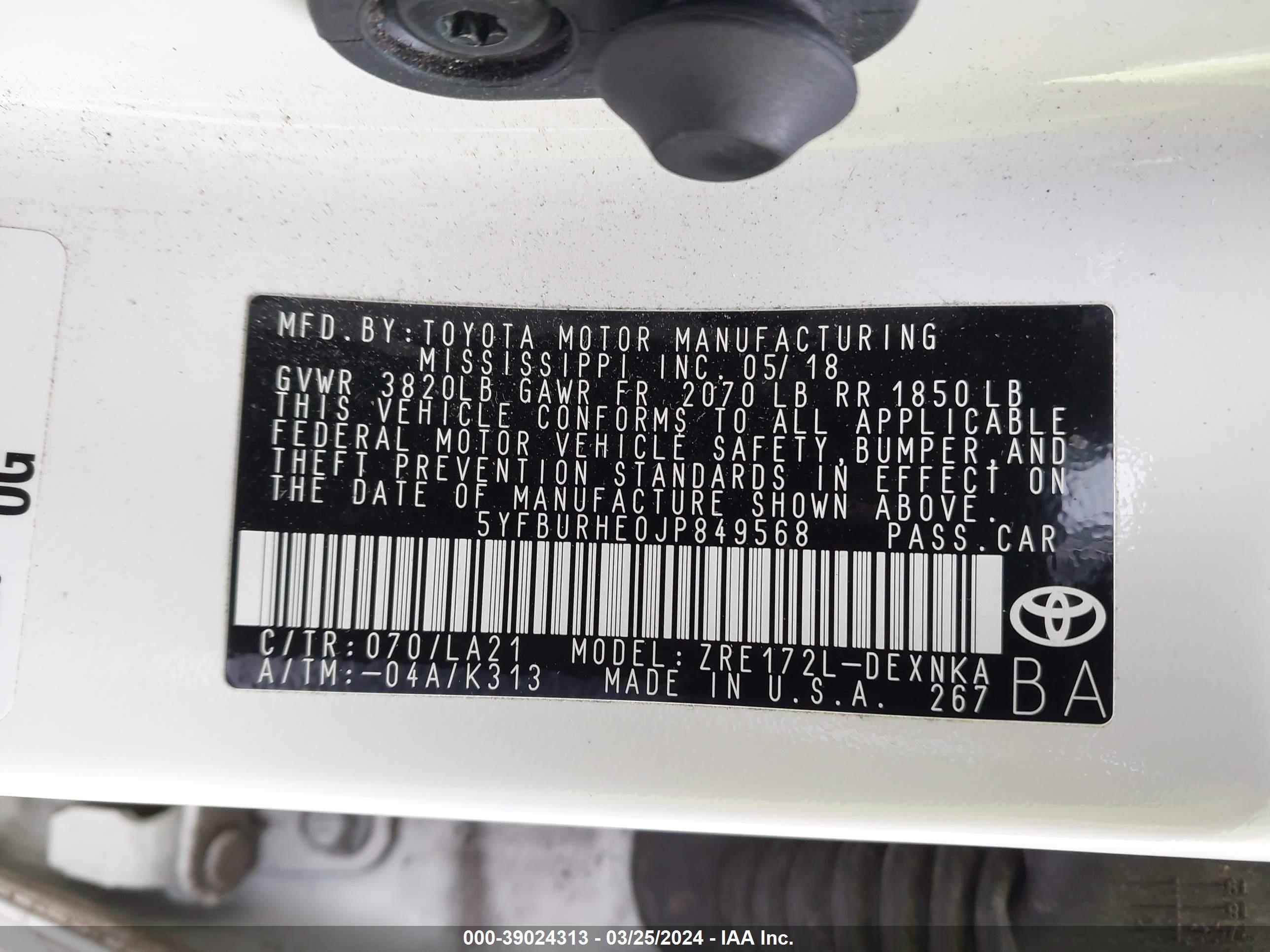 Photo 8 VIN: 5YFBURHE0JP849568 - TOYOTA COROLLA 