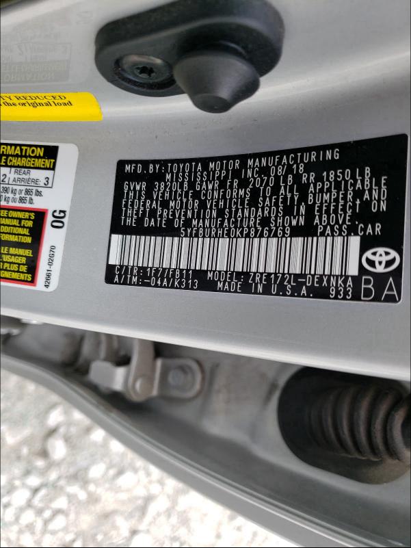 Photo 9 VIN: 5YFBURHE0KP876769 - TOYOTA COROLLA L 