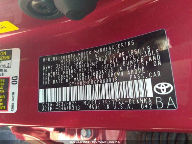 Photo 8 VIN: 5YFBURHE0KP880918 - TOYOTA COROLLA 