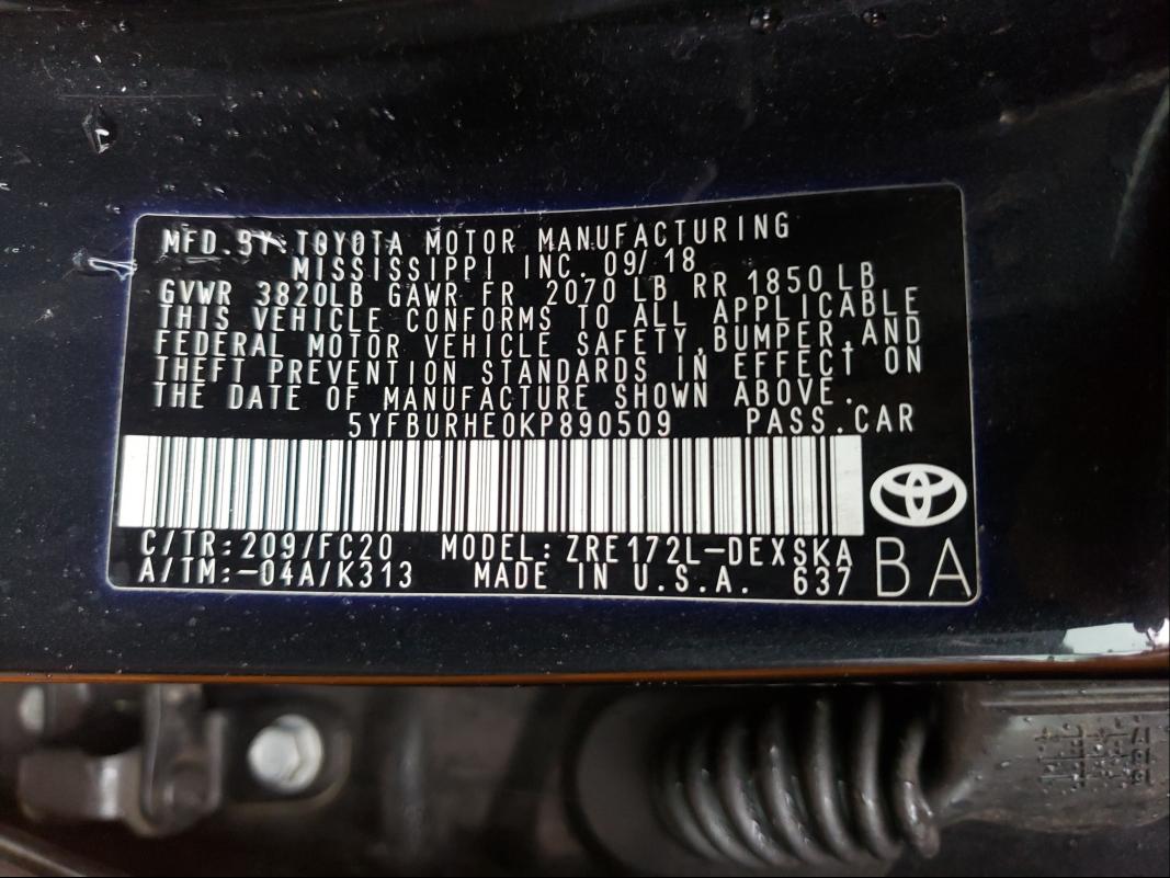 Photo 9 VIN: 5YFBURHE0KP890509 - TOYOTA COROLLA L 