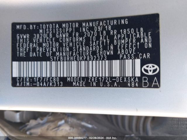 Photo 8 VIN: 5YFBURHE0KP892373 - TOYOTA COROLLA 