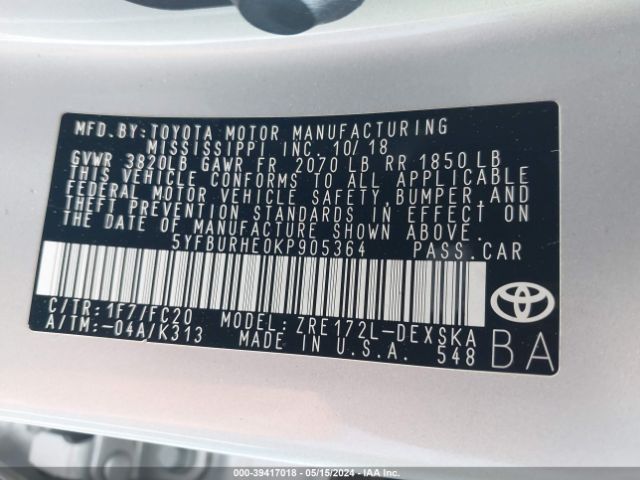 Photo 8 VIN: 5YFBURHE0KP905364 - TOYOTA COROLLA 