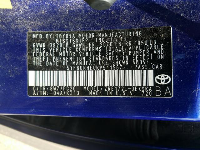 Photo 9 VIN: 5YFBURHE0KP911567 - TOYOTA COROLLA L 