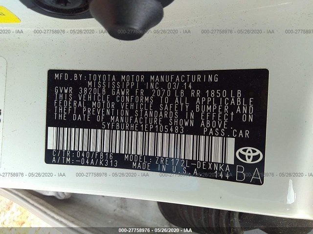 Photo 8 VIN: 5YFBURHE1EP105483 - TOYOTA COROLLA 