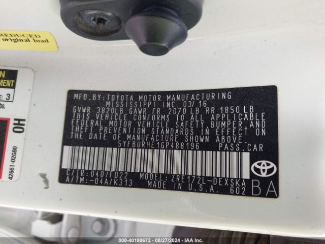 Photo 8 VIN: 5YFBURHE1GP488196 - TOYOTA COROLLA 