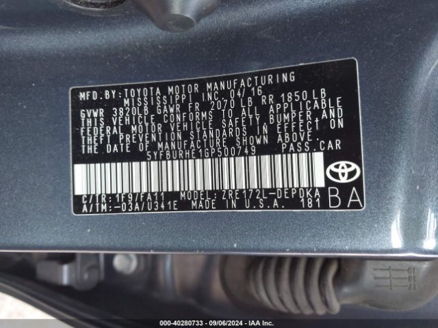 Photo 8 VIN: 5YFBURHE1GP500749 - TOYOTA COROLLA 