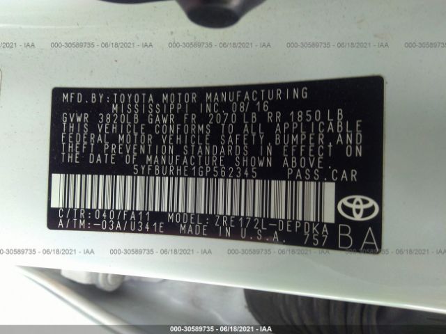 Photo 8 VIN: 5YFBURHE1GP562345 - TOYOTA COROLLA 