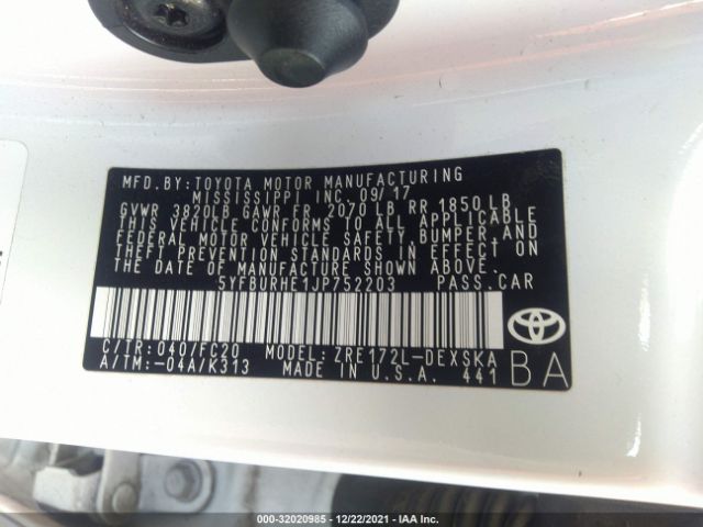 Photo 8 VIN: 5YFBURHE1JP752203 - TOYOTA COROLLA 