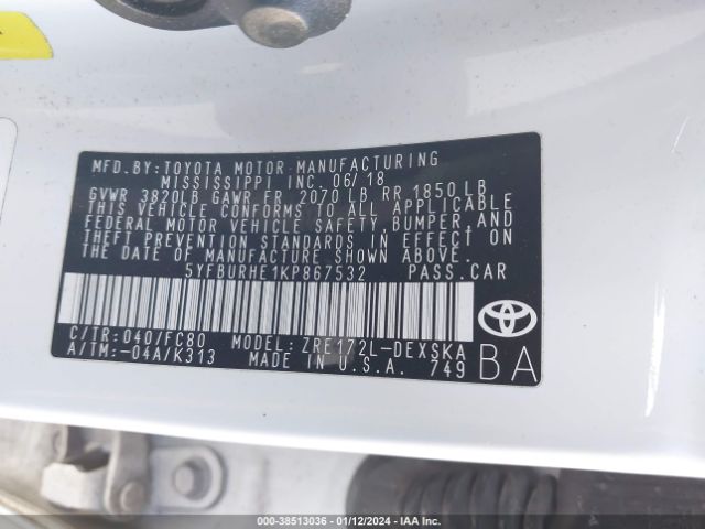 Photo 8 VIN: 5YFBURHE1KP867532 - TOYOTA COROLLA 