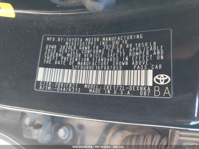 Photo 8 VIN: 5YFBURHE1KP887859 - TOYOTA COROLLA 