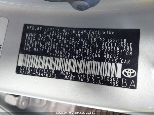 Photo 8 VIN: 5YFBURHE1KP912968 - TOYOTA COROLLA 