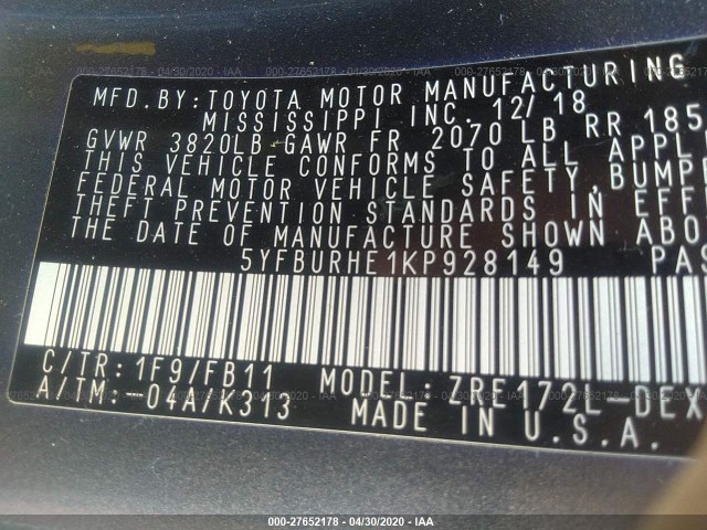 Photo 8 VIN: 5YFBURHE1KP928149 - TOYOTA COROLLA 