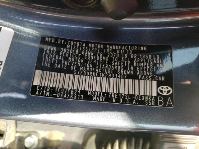 Photo 9 VIN: 5YFBURHE1KP931407 - TOYOTA COROLLA L 