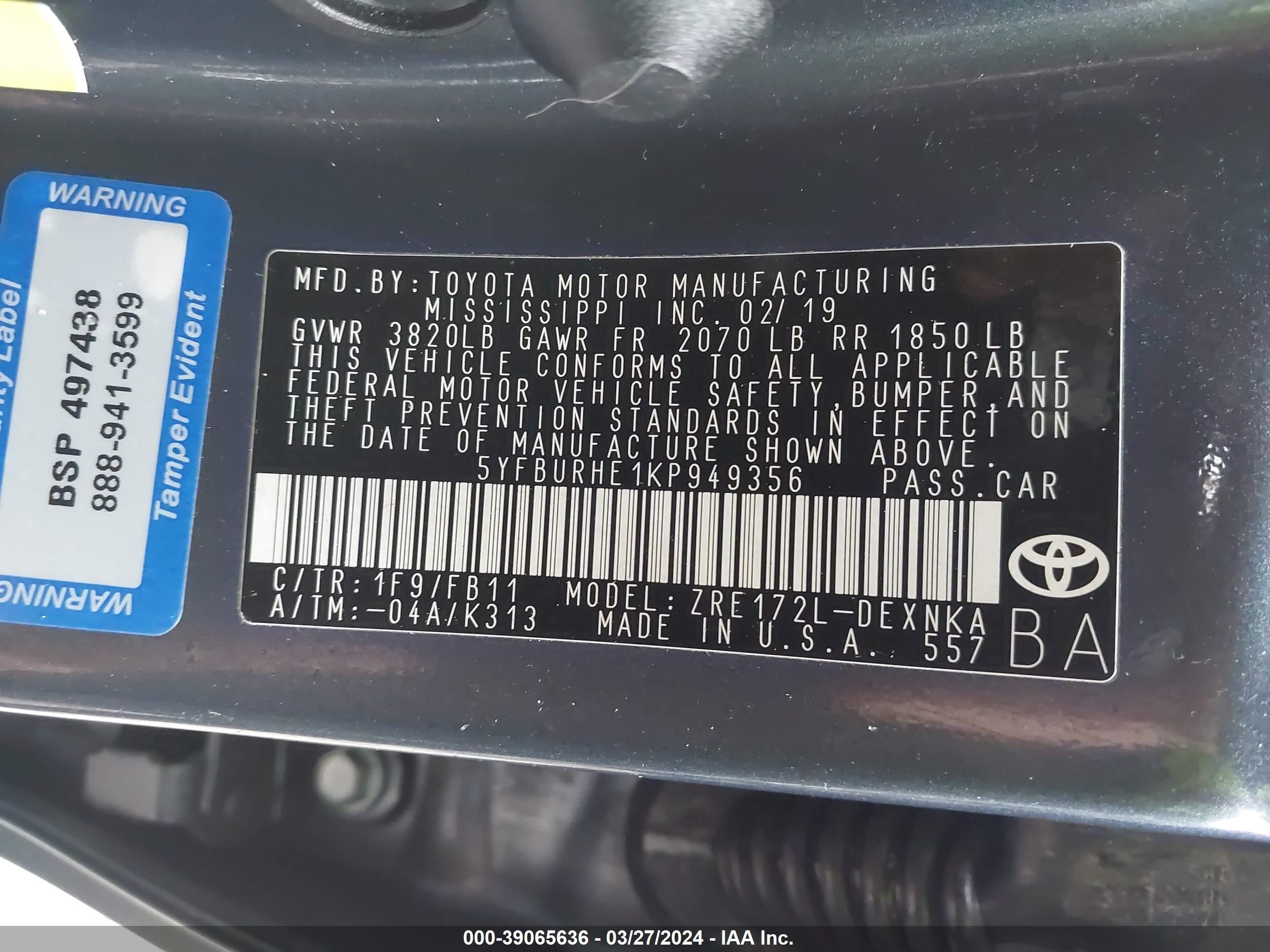 Photo 8 VIN: 5YFBURHE1KP949356 - TOYOTA COROLLA 