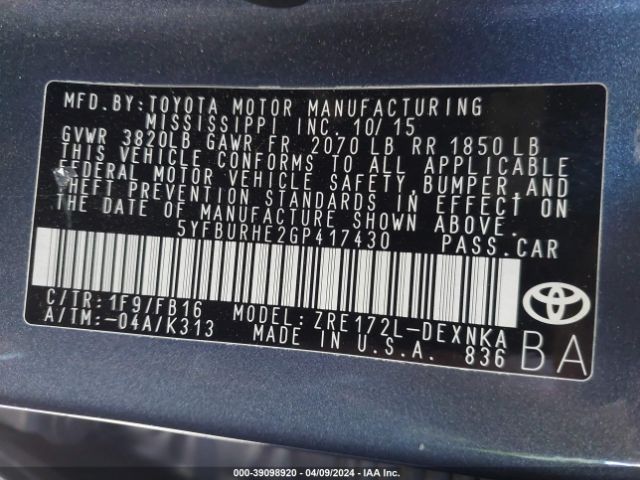 Photo 8 VIN: 5YFBURHE2GP417430 - TOYOTA COROLLA 