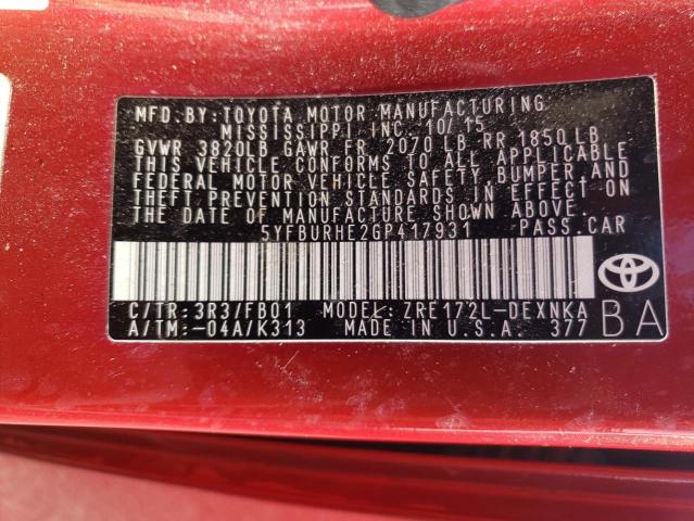 Photo 11 VIN: 5YFBURHE2GP417931 - TOYOTA COROLLA L 