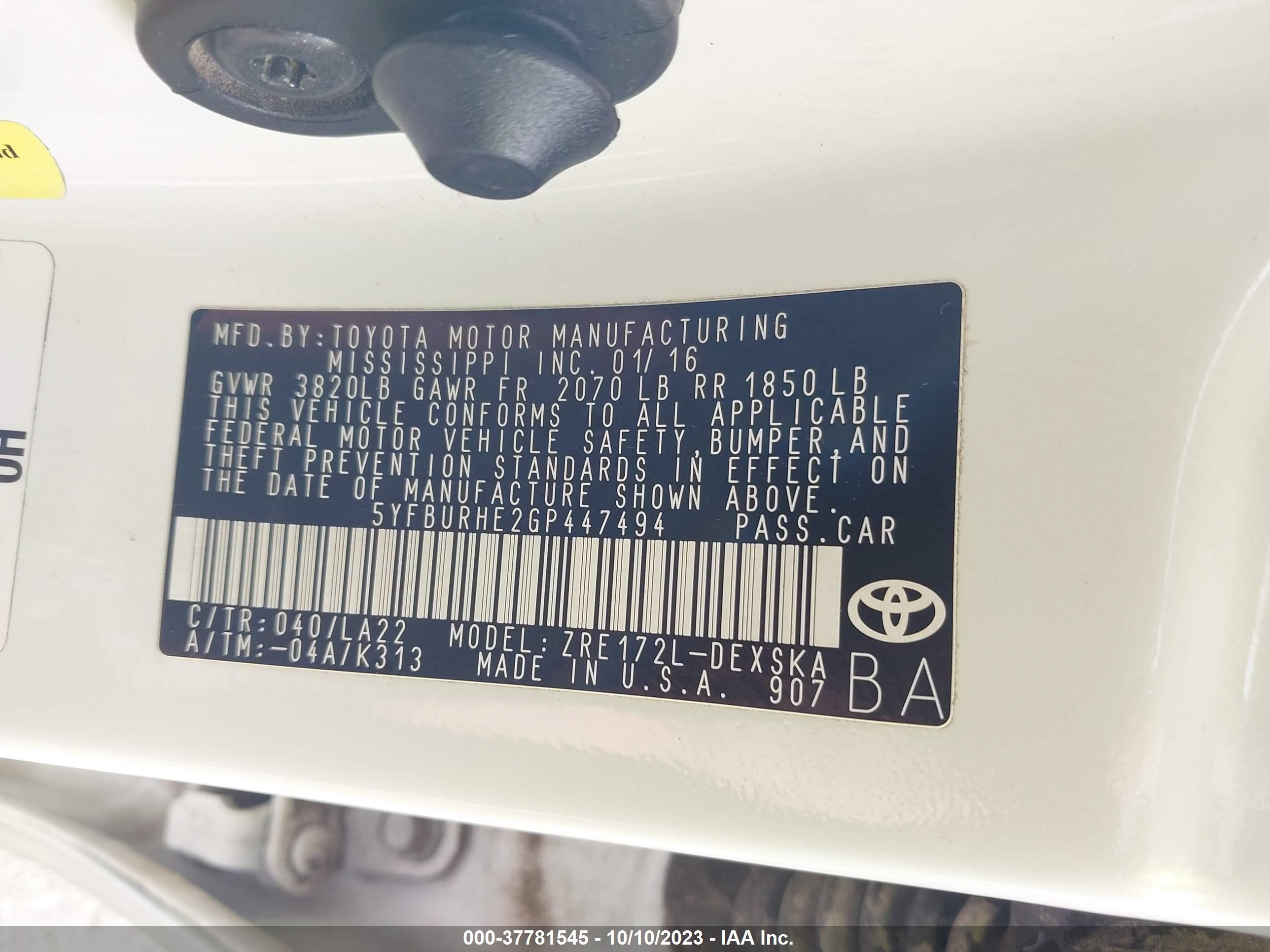 Photo 8 VIN: 5YFBURHE2GP447494 - TOYOTA COROLLA 