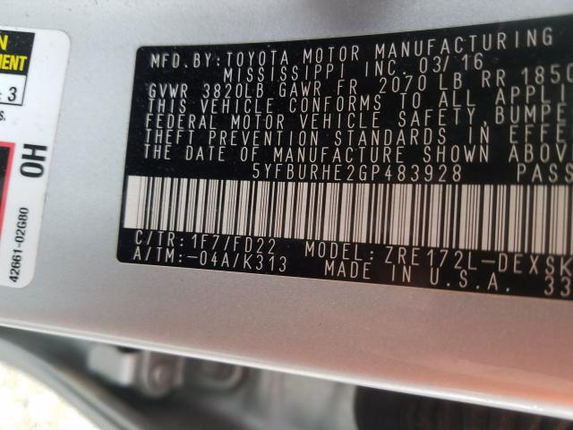 Photo 9 VIN: 5YFBURHE2GP483928 - TOYOTA COROLLA L 