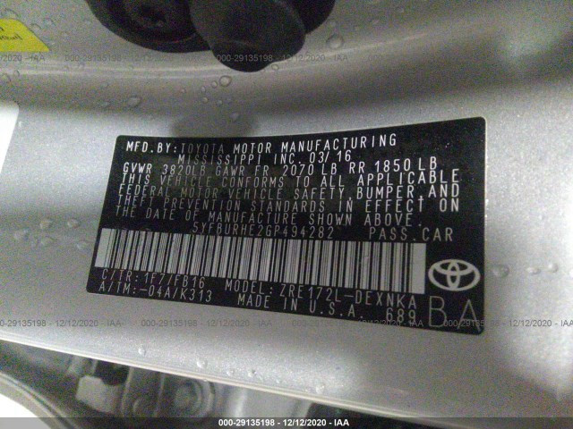 Photo 8 VIN: 5YFBURHE2GP494282 - TOYOTA COROLLA 