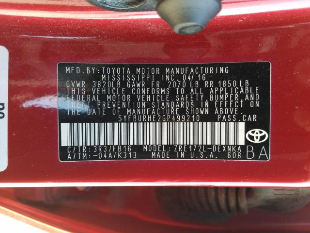 Photo 9 VIN: 5YFBURHE2GP499210 - TOYOTA COROLLA L 