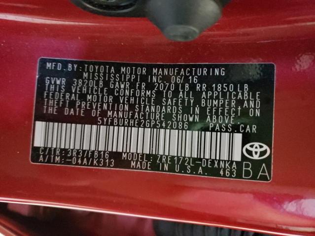 Photo 9 VIN: 5YFBURHE2GP542086 - TOYOTA COROLLA L 