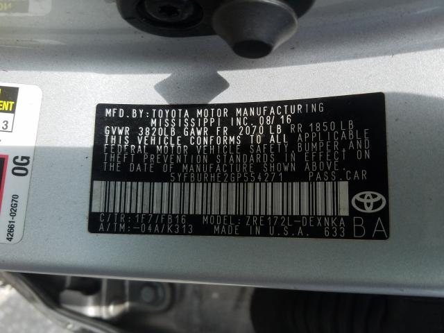 Photo 9 VIN: 5YFBURHE2GP554271 - TOYOTA COROLLA L 