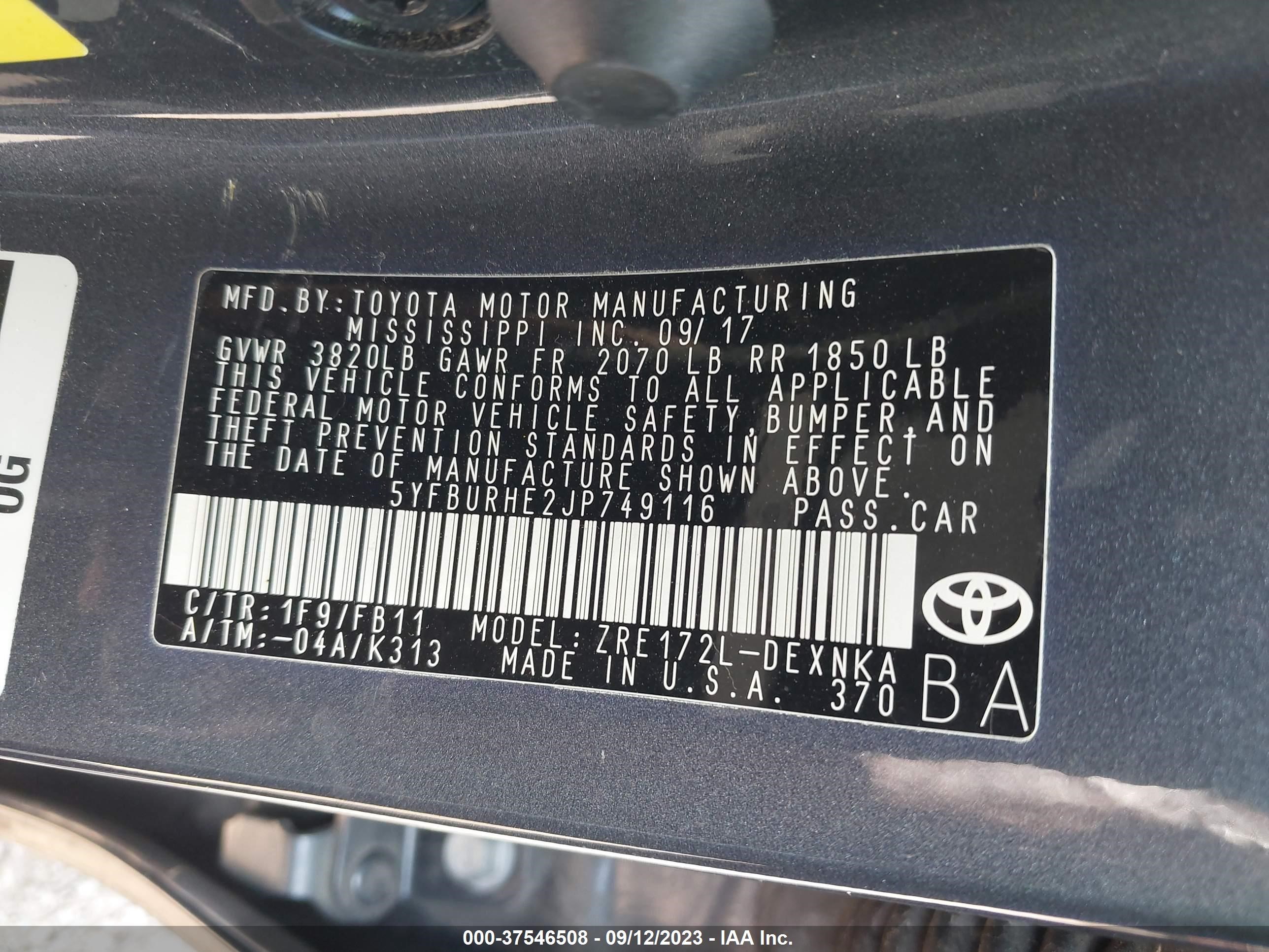 Photo 8 VIN: 5YFBURHE2JP749116 - TOYOTA COROLLA 