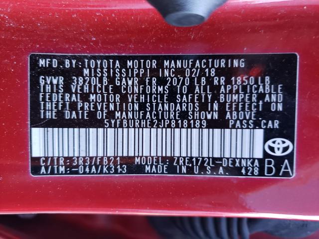 Photo 9 VIN: 5YFBURHE2JP818189 - TOYOTA COROLLA L 