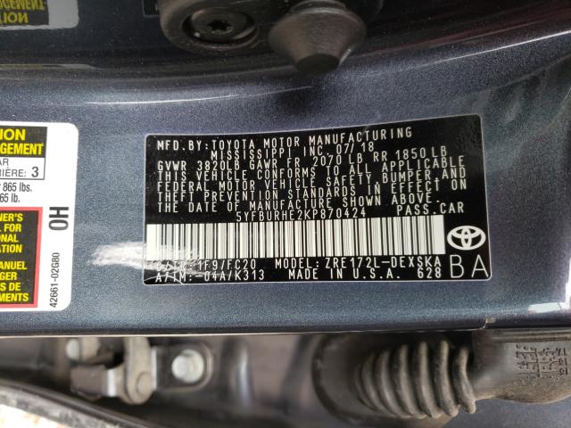 Photo 9 VIN: 5YFBURHE2KP870424 - TOYOTA COROLLA L 