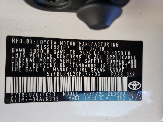 Photo 9 VIN: 5YFBURHE2KP872206 - TOYOTA COROLLA L 