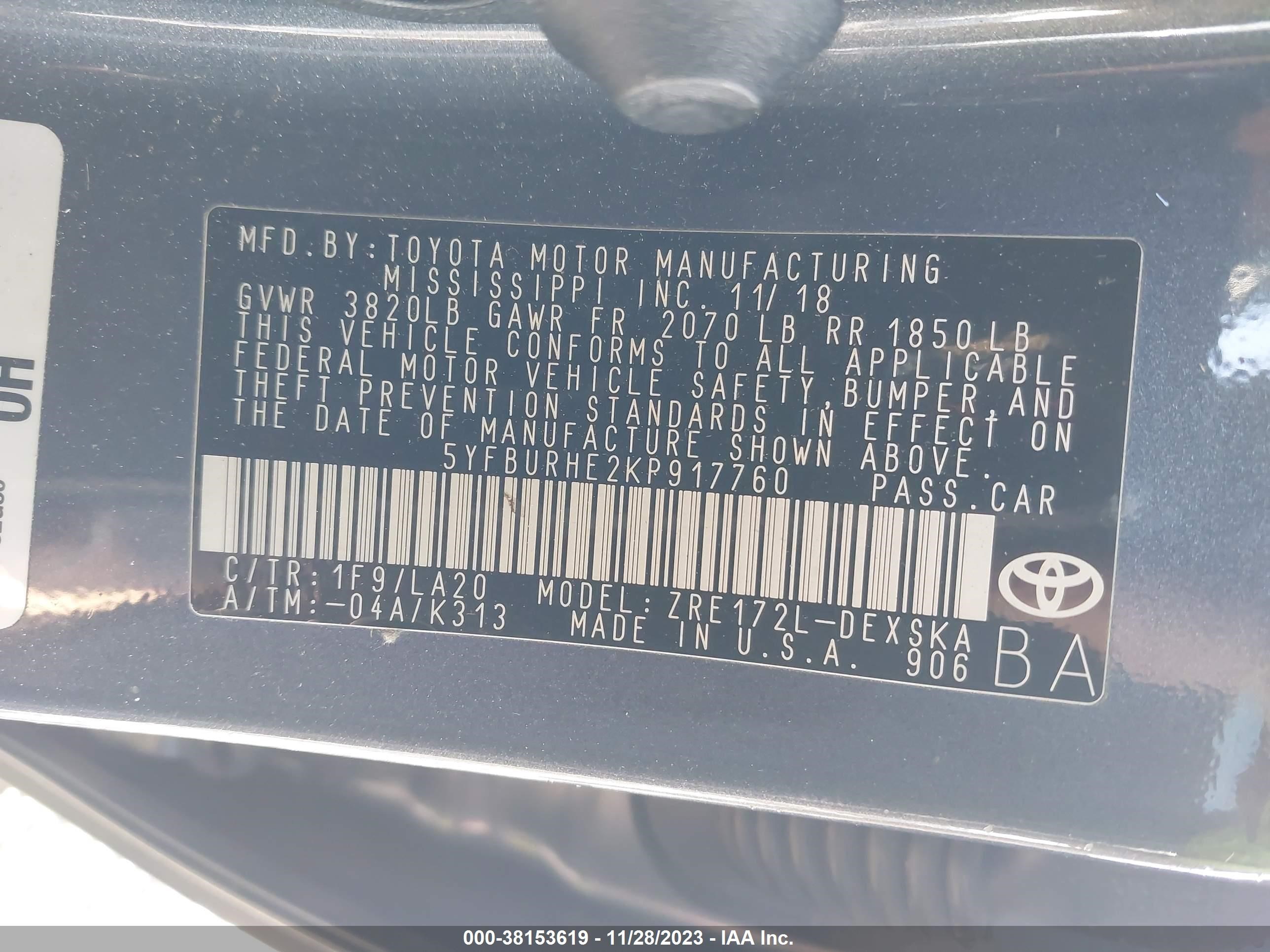 Photo 8 VIN: 5YFBURHE2KP917760 - TOYOTA COROLLA 