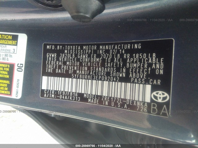 Photo 8 VIN: 5YFBURHE3EP092042 - TOYOTA COROLLA 