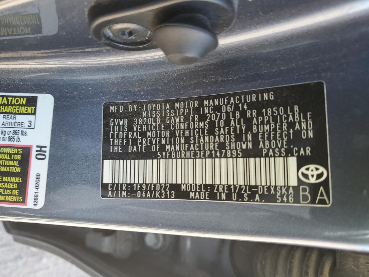 Photo 11 VIN: 5YFBURHE3EP147895 - TOYOTA COROLLA 