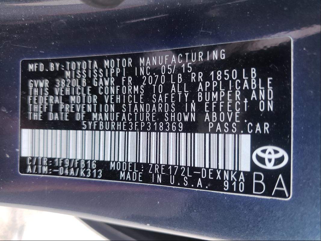 Photo 9 VIN: 5YFBURHE3FP318369 - TOYOTA COROLLA L 