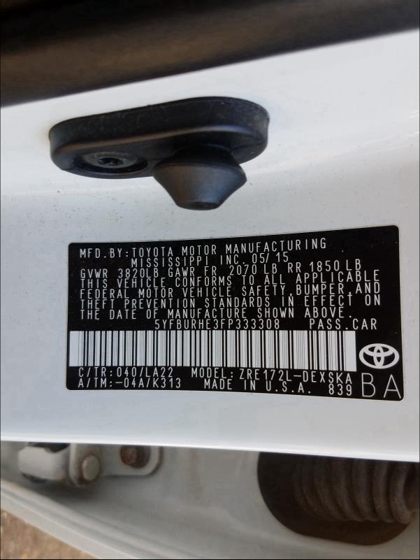 Photo 9 VIN: 5YFBURHE3FP333308 - TOYOTA COROLLA L 