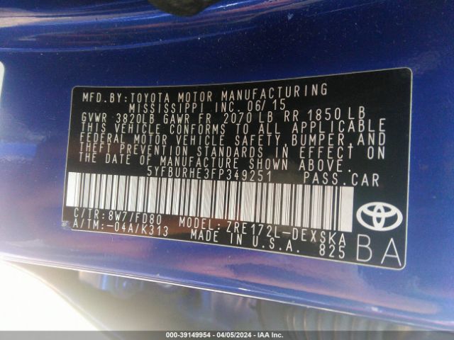 Photo 8 VIN: 5YFBURHE3FP349351 - TOYOTA COROLLA 